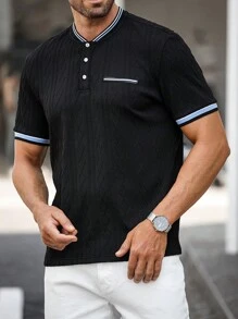 Manfinity Homme Men's Striped Short Sleeve Casual Commuter Polo Shirt Polo Shirts For Men Collar Polo Shirt For Men Polo Men Shirt Polo For Men Polos For Men - Black - View 2