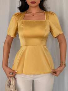 Elenzga Damska satynowa bluzka w jednolitym kolorze z kwadratowym kołnierzykiem i bufiastymi rękawami