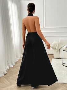 EURMUSE Rhinestone Flower Detailed Long Black Dress - Black - View 2