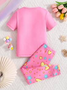 SHEIN 年轻女孩睡衣 - 2 件套粉色夜光可爱独角兽印花舒适休闲圆领短袖 T 恤和印花长裤，贴身家居服 - 粉色 - 查看 2
