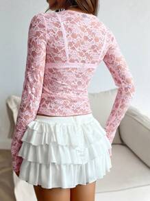 Chiquease Top ajustado para mujer de encaje calado de manga corta - Rosa - Ver 2