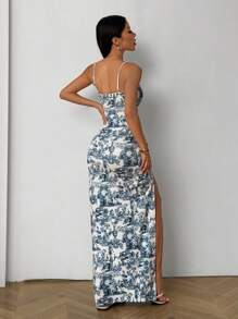 SHEIN EZwear Vestido Floral com Fenda Alta, Novo Verão Feminino, Adequado para Uso em Férias