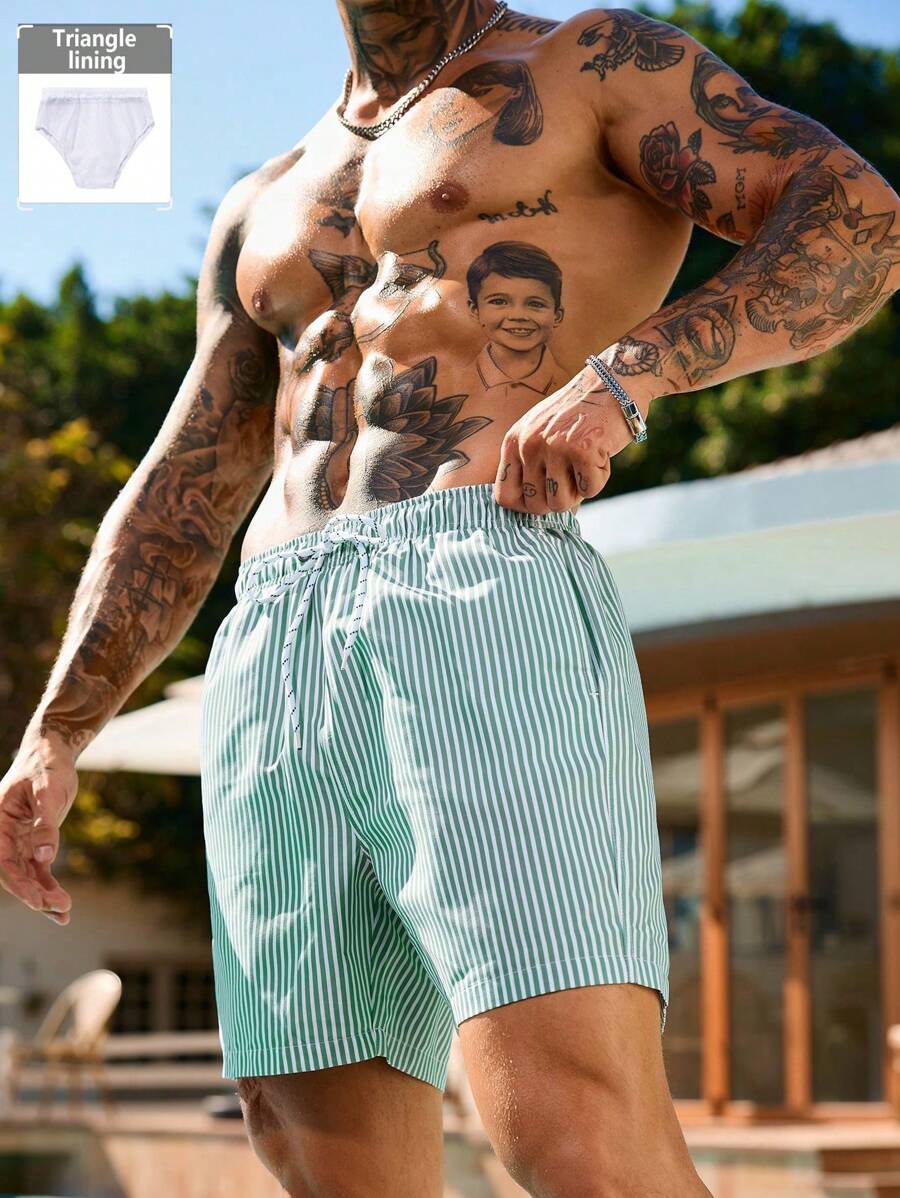 Surfspeed Men's Striped Print Drawstring Waist Beach Shorts - Olive Green - View 1