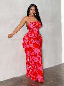 Maweii Top cu șireturi de dimensiuni plus mari și fustă midi cu volane cu tiv cu imprimeu floral Set 2 buc, îmbrăcăminte sexy pentru stațiune - Multicolor - Vizualizare 3
