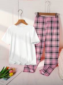 SHEIN Tween Girls 2pcs Pajama Set - Butterfly Print Front Panel Design T-Shirt, Pink Plaid Soft Casual Comfy Lounge Pants, Summer - Multicolor - View 2
