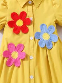 SHEIN 年轻女孩碎花领前开泡泡袖夏季休闲连衣裙 - 黃色 - 查看 7