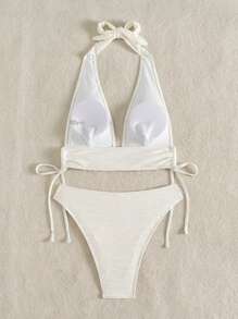 SHEIN Swim 女士夏季海滩度假两件套纯色纹理面料侧系带短款上衣和高腰下装比基尼泳装套装 - 白色 - 查看 7