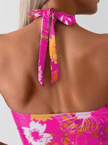 Swim Lushoire Women Floral Print Halter Bandeau Tankini Swimwear Set, Random Print Pattern For Summer Beach Vacation - Multicolor - View 3