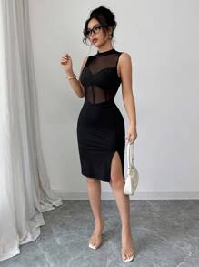 Elenzga New Women's V-Neck Mesh Patchwork Knit Fabric Tank Dress With High Slit, Sexy & Elegant For Vacation, Party, Date - Black - View 6