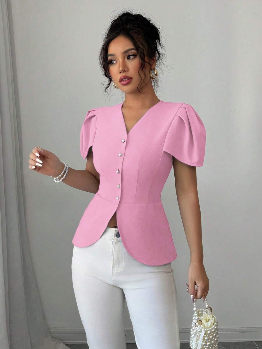 Elenzga Women's Solid Color Single-Breasted Short Puff Sleeve Elegant Blouse - Pink - View 1