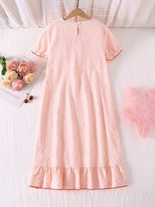 Girls' Loose-Fit Cherry Collar Ruffle Hem Sleeveless Long Nightdress, Simple & Fashionable, Light Pink,Summer Travel - Baby Pink - View 2