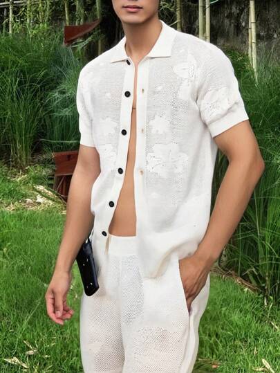 Manfinity CasualKnits 男士纯色镂空针织短袖镂空宽松上衣短裤两件套男夏季衣服适合夏天