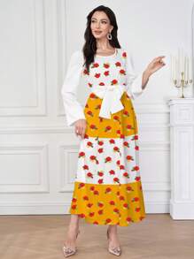 Al Najma Women's Colorblock Round Neck Puff Sleeve Dress With Belt, Elegant Comfortable Arabic Floral Print Polyester Dress, Suitable For Ramadan, Home, Outing, Party, Ramadan Traditional Clothing