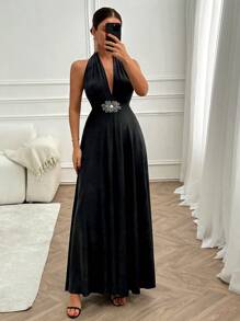 EURMUSE Rhinestone Flower Detailed Long Black Dress - Black - View 5