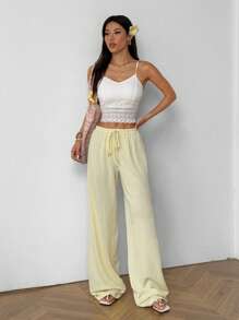 SHEIN EZwear Women's Summer  Butter Yellow New Knitted Textured Light Yellow Trousers, Suitable For Vacation Wear And Daily Home Wear - Yellow - View 5