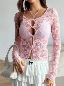 Chiquease Top ajustado para mujer de encaje calado de manga corta - Rosa - Ver 3