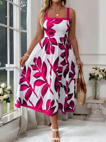 SHEIN Clasi Plus Size Fashionable Resort Style Random Floral Print Maxi Slip Dress, Summer - Hot Pink - View 6