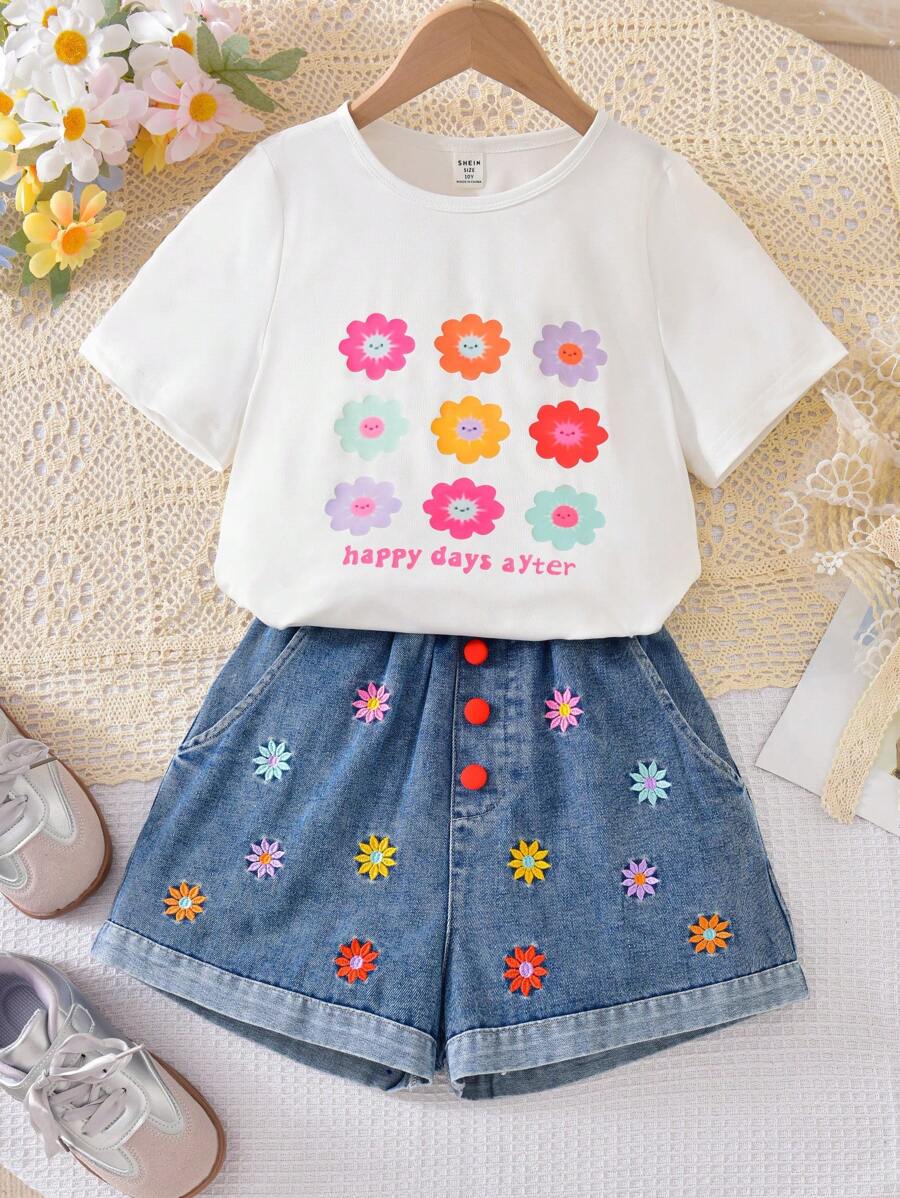 Niña preadolescente: Camiseta blanca combinada con shorts de mezclilla bordados - Blanco - Ver 1