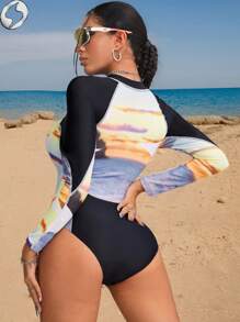 Innovista Women Activewear Zip Up Long Sleeve Hawaiian-Style Printing Athletic Onepieces Swimsuits, Breathable (Mesh Cut Out) & High Elastic / Fit Wetsuit,  ,Sculpting Bodysuit & Bathing Suit, One Piece Gym Dynamic Print Workout Outfits - Black - View 6