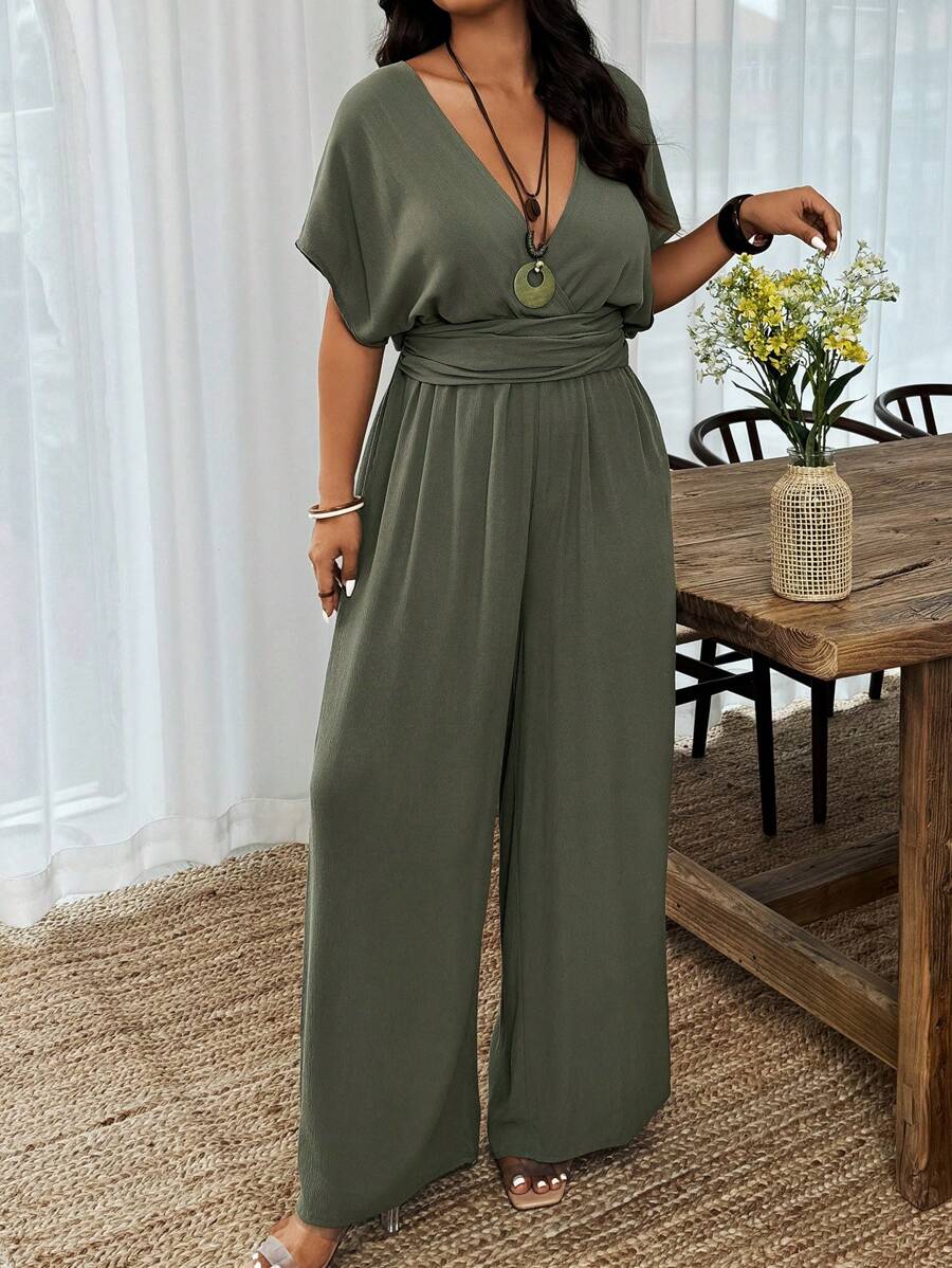 Weeklong Plus Size Women Deep V-Neck Solid Color Batwing Short Sleeve Ruffle Wide Leg Jumpsuit  BASICS - Army Green - View 1