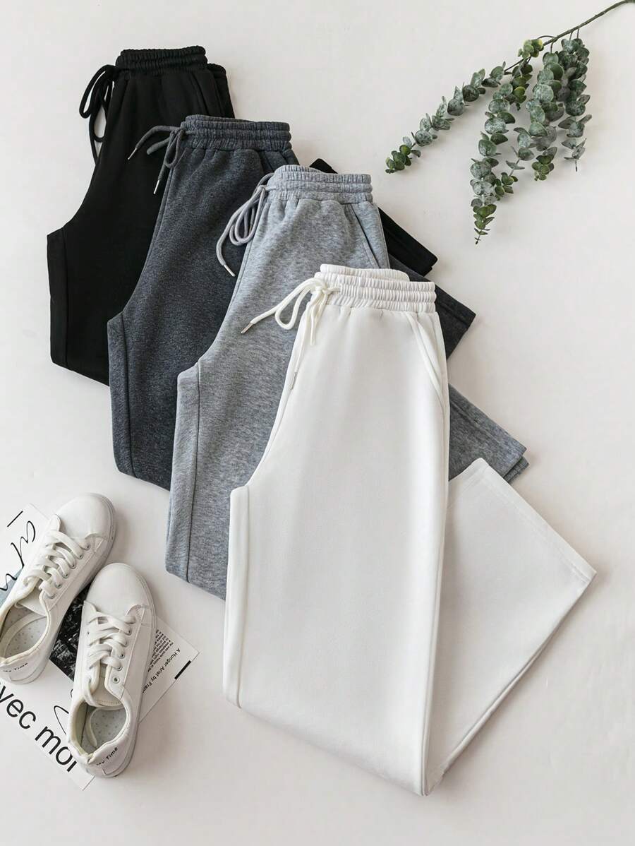 SHEIN PETITE 4pcs Set Women Casual Fleeced Sweatshirt With Drawstring Waist & Straight Pants