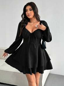 Celure Vestido elegante de talla grande de unicolor con cintura anudada y doble dobladillo