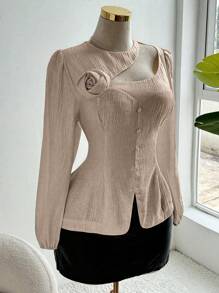 SHEIN Clasi Plus Size Elegant Silk-Like Crinkle Floral Asymmetric Button Down Shirt - Pink - View 1