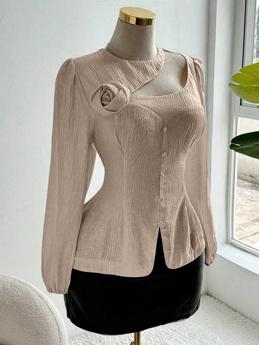 SHEIN Clasi Plus Size Elegant Silk-Like Crinkle Floral Asymmetric Button Down Shirt - Pink - View 1