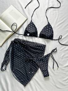 Swim Mod Bộ 3 trang phục đi biển mùa hè dành cho nữ: Dây mảnh in họa tiết chấm bi đen trắng, trang trí ngọc trai, đồ bơi gợi cảm 2 món - Đen và trắng - Xem 2