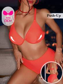 Swim DD+ Women Solid Color Underwire Bikini Set Swimwear Set, DD+, For Summer Beach Vacation