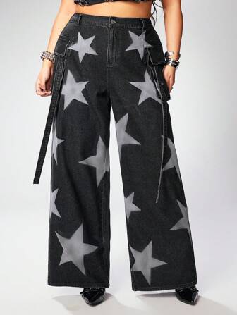Grunge Punk Plus Size Relaxed Fit Distressed Vintage Wash Star Print Flared Leg Jeans, Suitable For Summer Beach, Graduation, Easter Concert, Nashville Vacation, Elegant Tropical Music Festival, Boyfriend Street Style, Plus Size