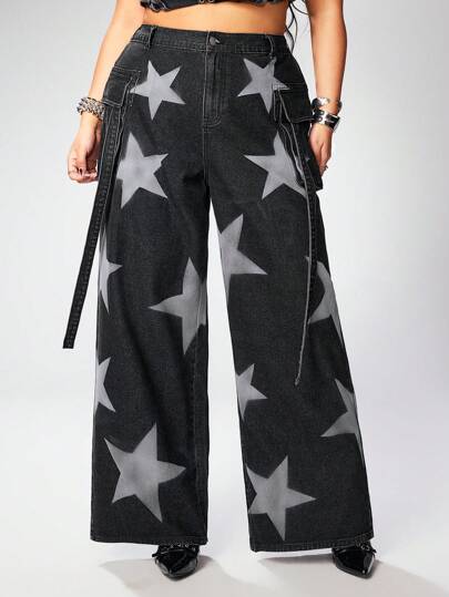Grunge Punk Große Größen Relaxed Fit Vintage-Waschung Jeans mit Sternenmuster und weitem Bein, geeignet für Strand, Graduation, Osterkonzert, Nashville-Urlaub, elegantes tropisches Musikfestival, Boyfriend Street Style, Große Größen