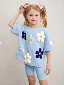 SHEIN 年轻女孩宽松可爱花卉印花短袖圆领垂肩 T 恤