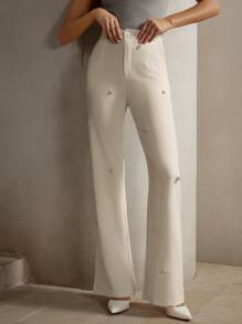 Anewsta Pantalones acampanados elegantes y modernos con decoración de cristales de 3D, adecuados para primavera y verano - Beis - Ver 5