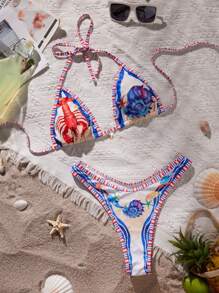 Swim Vcay Ladies Spaghetti Strap Floral Printed Bikini Top And Bottoms Swimwear Set, For Summer Beach Vacation