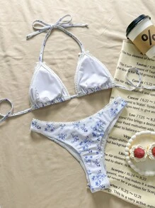 Swim Mod 女士随机花朵印花细肩带荷叶边下摆性感比基尼海滩夏季服装 - 藍白色 - 查看 2