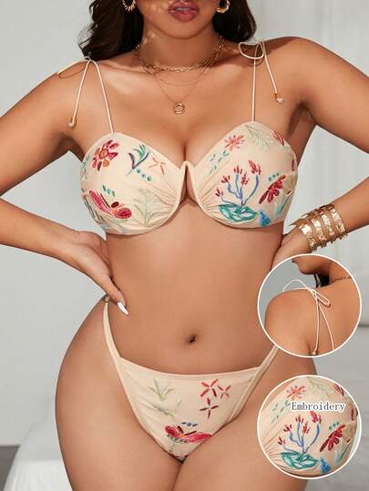 SHEIN Swim Curve 大码女式两件套刺绣比基尼泳装带钢圈，适合日常和沙滩穿着