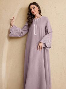 Al Najma 女式春夏圆领编织饰边刺绣喇叭袖阿拉伯风格连衣裙，阿拉伯连衣裙，端庄 - 粉色 - 查看 7