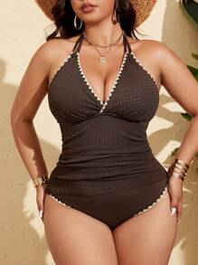 Swim Lushoire Ensemble de maillot de bain estival de vacances à la plage pour femme grande taille en style tankini, noir, avec encolure en V à double bretelle, recouvrant le ventre, culotte en triangle fendu