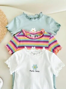 SHEIN 3pcs/Set Newborn Baby Girl Summer Cute Knitted Colorful Striped & Floral Print Short Sleeve Romper Set - Green - View 6