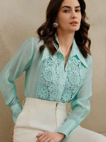 Anewsta Blusa con cuello de encaje y aplicaciones florales para mujer, apropiada para uso casual de negocios, eventos y salidas - verde menta - Ver 5