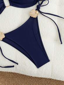 SHEIN 2 pezzi Completo da spiaggia per donna estivo - Top con spalline sottili color tinta unita con decorazione in metallo dorato e slip da bikini a triangolo con lacci laterali - Blu Navy - Visualizzare 7