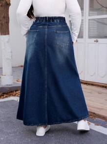 SHEIN EZwear 大码牛仔迷你裙，简约时尚，适合夏季 - 藍色 - 查看 2