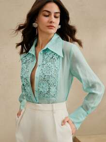 Anewsta Blusa con cuello de encaje y aplicaciones florales para mujer, apropiada para uso casual de negocios, eventos y salidas - verde menta - Ver 7