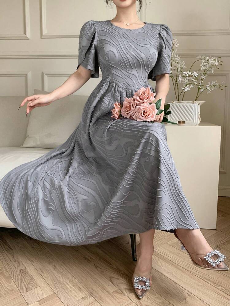 Solid Color Round Neck Puff Sleeve Pleated A-Line Midi Dress For Women