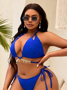 SHEIN Slayr CURVE Top de traje de baño de vacaciones casual sexy para mujer de talla grande, de unicolor, con triángulo, nudo, capa de cristal y cadena de moda