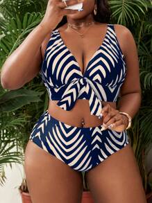 SHEIN Slayr CURVE Plus Size Women Wide Strap V-Neck Bowknot Printed Top Paired With High Waist Pants, Summer Beach Vacation Outfit - Blue - View 6