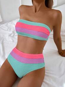SHEIN Swim 2pcs Bikini Set Minimalistic Sexy Ombre Crop Bandeau Top And High Waist Pieced Triangle Bottom, For Summer Beach Vacation - Multicolor - View 1