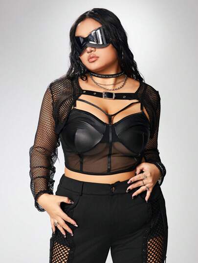 Grunge Punk Plus Size Women Solid Color Long Sleeve Sexy Mesh Punk Top