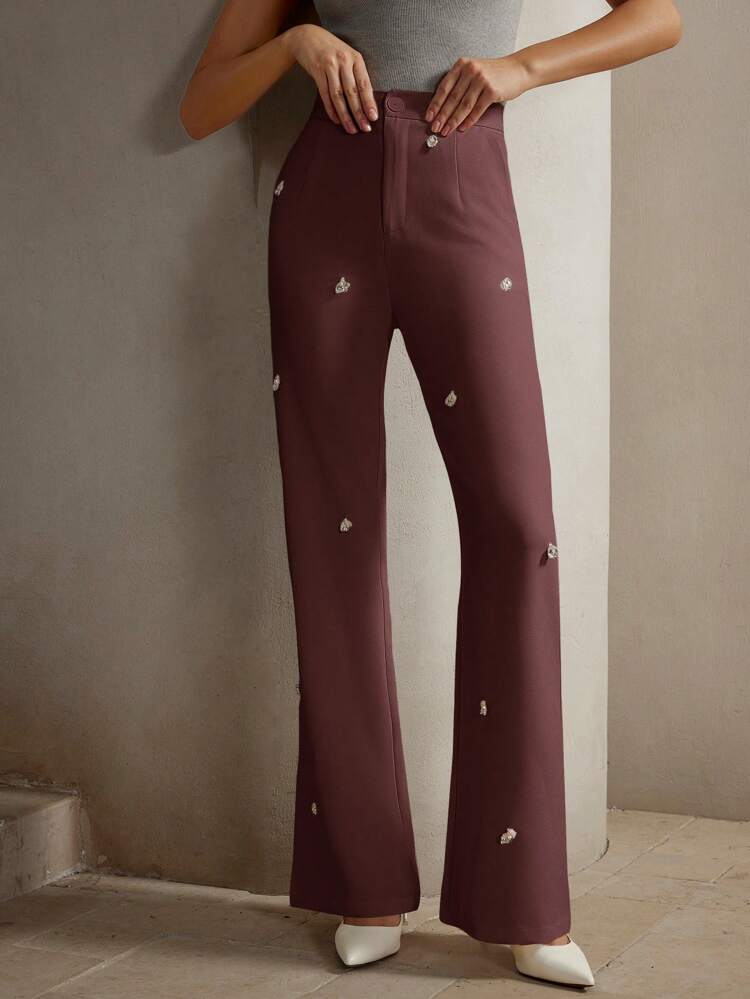 Pantalones de negocios casuales elegantes y modernos con decoración de rhinestones en corte evasé, para primavera/verano para mujeres